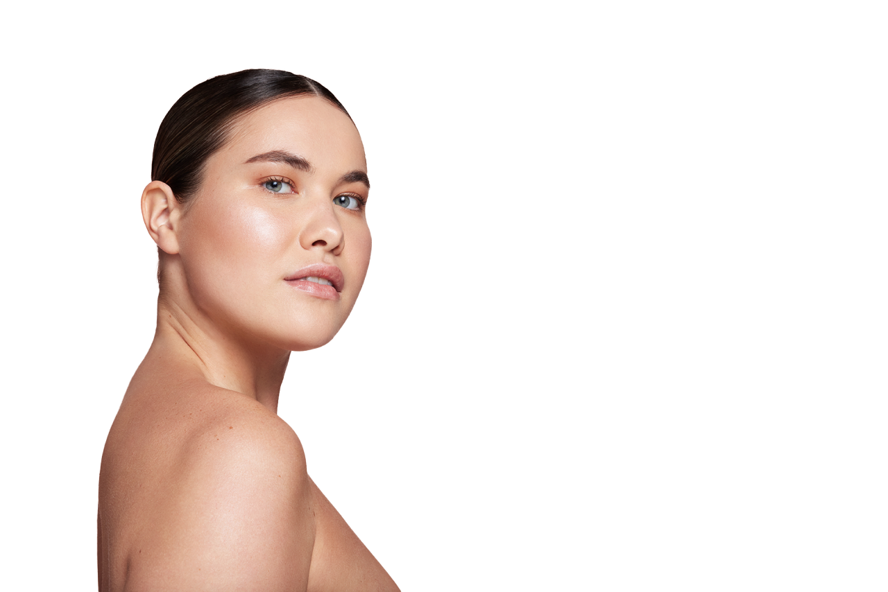 Woman looking over her shoulder with smooth skin